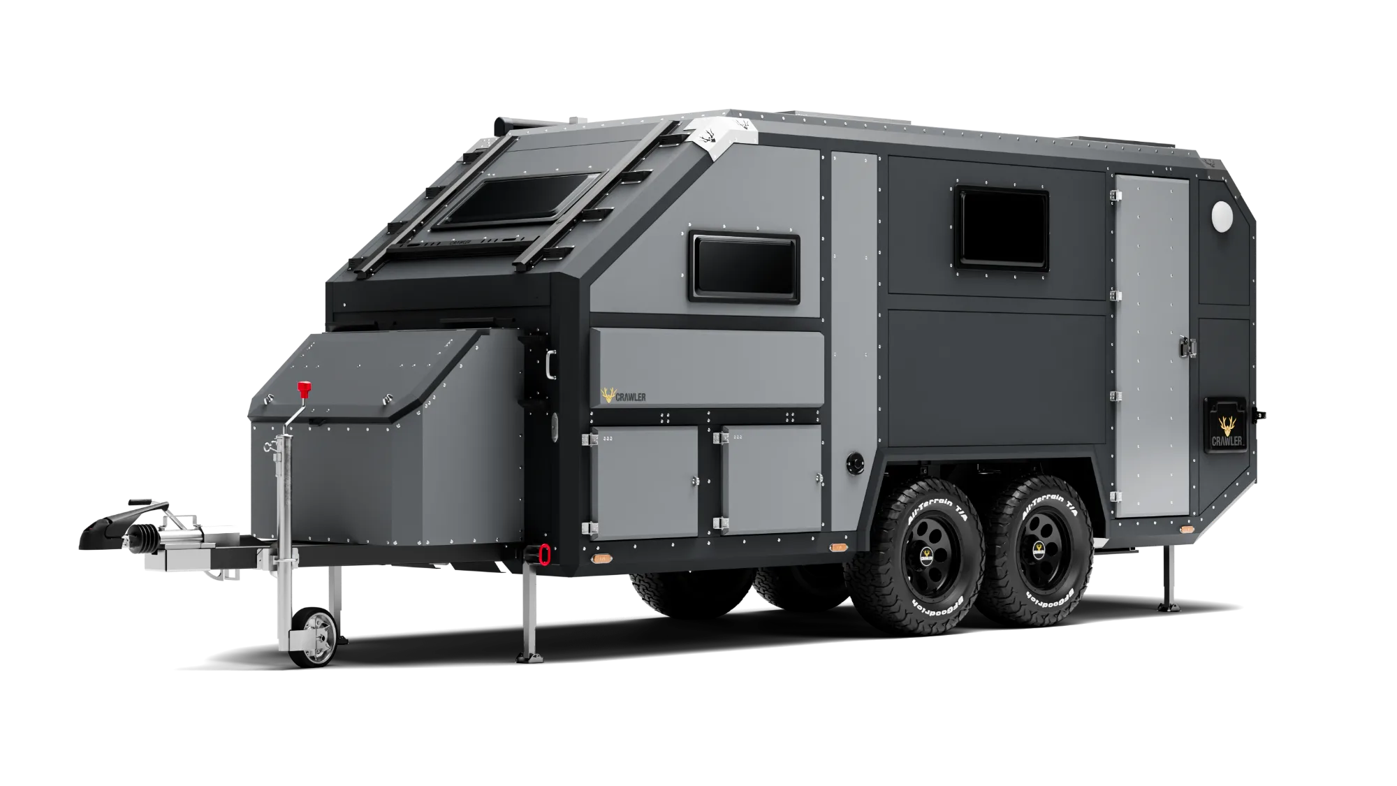 Crawler BATU 535i travel trailer — deep black body, ash gray trim